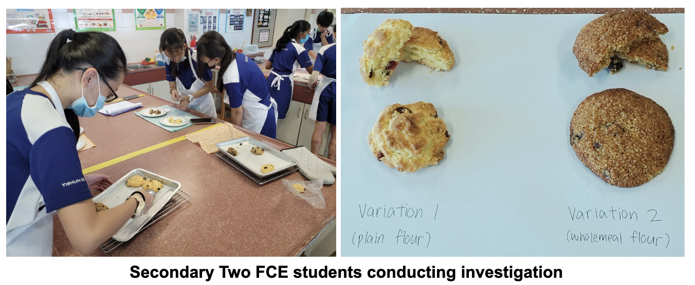 Students baking scones in a classroom, beside two scone variations: plain flour and wholemeal flour, both cut open.